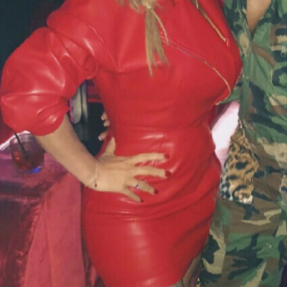 'CARDI-B' Red Vegan Leather Jacket Dress - Picture 5 of 12